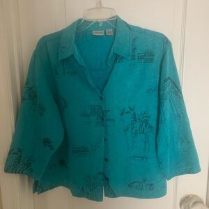 Chicos Aqua and Black Shirt or blouse has 3/4 length Sleeve Button Down Graphics